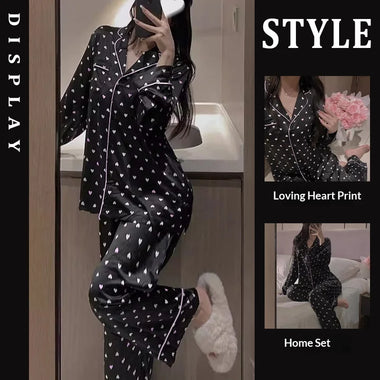 Women's Summer French-Style Heart Print Ice Silk Pajamas Luxury-Feel Long-Sleeve Top & Pants High-End Loose-Fit Loungewear