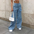 Women Jeans Washing Solid Multi-Pockets Wide Leg Denim Pants Mid Waist Ankle-Length Cargo Pants Ladies Casual Loose Cargo Jeans