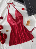 Sexy Lace Bra And Panty Set For Women, Halter Deep V Sheer Mesh Chemise, Bow Lingerie Sleepwear