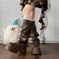 Y2K Women Slouch Knee High Boots Round Toe Faux Leather Multi Buckle Strap Thick Platform Sole Pull On Tall Boots