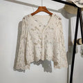 Daisy Embroidery Crochet Top Long Sleeve Button Down V-Neck Sheer Open-knit Blouse Cover Up Women Summer Fairycore Outfit
