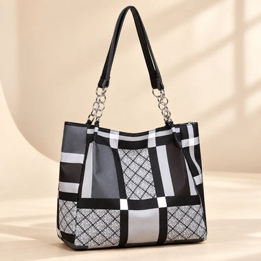 Women's Lightweight Tote Bag Large Capacity Geometric Plaid Shoulder Handbag with Zipper for Work Shopping Travel
