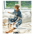 Blue Stone Pattern Real Silk Lapel Collar Pajamas 19MM 100% Mulberry Silk Button Tops & Pants Sleepwear 2 Piece Casual Homewear