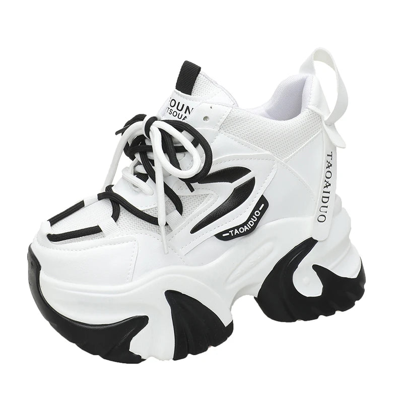 Spring Autumn Women Chunky Sneakers 10CM Hidden Heels Leather Casual Shoes Woman Crystal High Platform Ladies Sports Dad Shoes