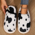 Cute Cow Spots Cotton Slippers for Women Round Toe Thick Sole Plush Slippers Woman Soft Faux Fur Warm Shoes Slides Female Winter