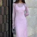 Spring Autumn O-Neck Elastic Knit Long Dresses Women 2024 Elegant Chic Soft Lady Hollowing Sweater Dresses Femme New
