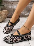 Women's Mesh Leopard Print Mary Jane Shoes Round Toe Buckle Strap Ballet Flats Breathable Casual Flats Daily Soft-soled Sandals