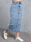 Womens High Waist Denim Midi Skirt Light Blue Washed Stretch Jean Skirt with Back Slit Casual Straight Long Skirts for Wome