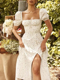 Women Summer Long Dress Chic Short Sleeve Floral Print Split A Line Holiday Beach Vestidos Ladies Party Sundress