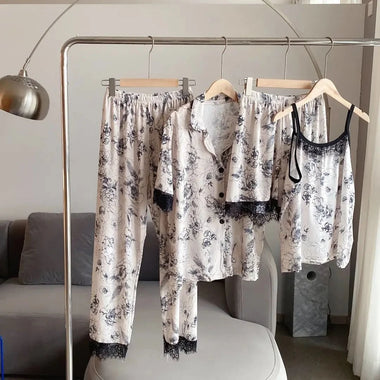 Summer Sexy Lace Sleepwear Four Piece Set Luxurious Ice Silk Home Wear Rose Flower Can Be Worn Outside Women's Sleepwear Set