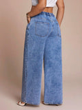Curvy Plus Size Light Blue Washed Denim Wide Leg Pants, All Over Crystal Rhinestone Y2K High Waist Loose Jeans for Women