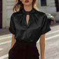 Chic Keyhole Neck Women's Blouse Korean Simple Solid Short Sleeved Elegant Satin Tops Summer  Office Lady Shirts