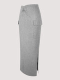 Casual Grey High Waist Knitted Cargo Maxi Skirt Women Sexy Y2K Bodycon Pencil Skirt Spring Autumn Long Skirt with Pockets