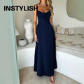 Women Summer Solid Spaghetti Strap Maxi Dress Tie Front Bust Corset Waist Long Dress Elegant Holiday Beach Party Casual Sundress