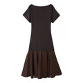 Women's Patchwork Knit Dress Casual O Neck Short Sleeve Solid Pleated Hem Women Elastic Midi Dress Female Chic Long Dresses