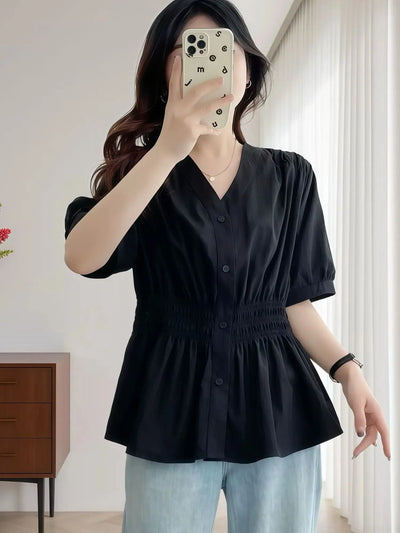 200 Pounds Plus Size Elastic Waist Summer Shirt And Blouse  Solid Top Women's New In Clothes Simple V-neck French