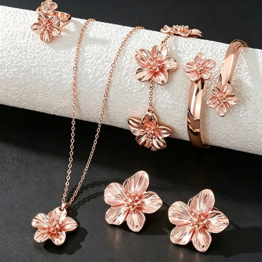 1 Pair of Earrings + 1 Necklace + 1 Bracelet + 1 Ring, Stainless Steel Jewelry Set with Floral Design for Fashionable Women