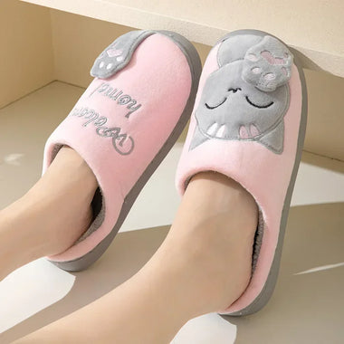 Women Warm Winter Slipper Cartoon Cat Non-Slip Women and Men Soft Indoor Slippers Furry Plush Round Toe Flats Ladies Shoes