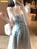 Romantic Ruffles Long Dresses Mori Girls Village Rural Summer Holiday Date Flower Floral Print Outfits Show Cute Sweet Dress