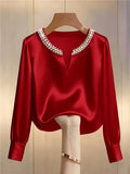 Women Satin V Neck Blouse Pearl Beaded Collar Long Sleeve Elegant Office Shirt Top