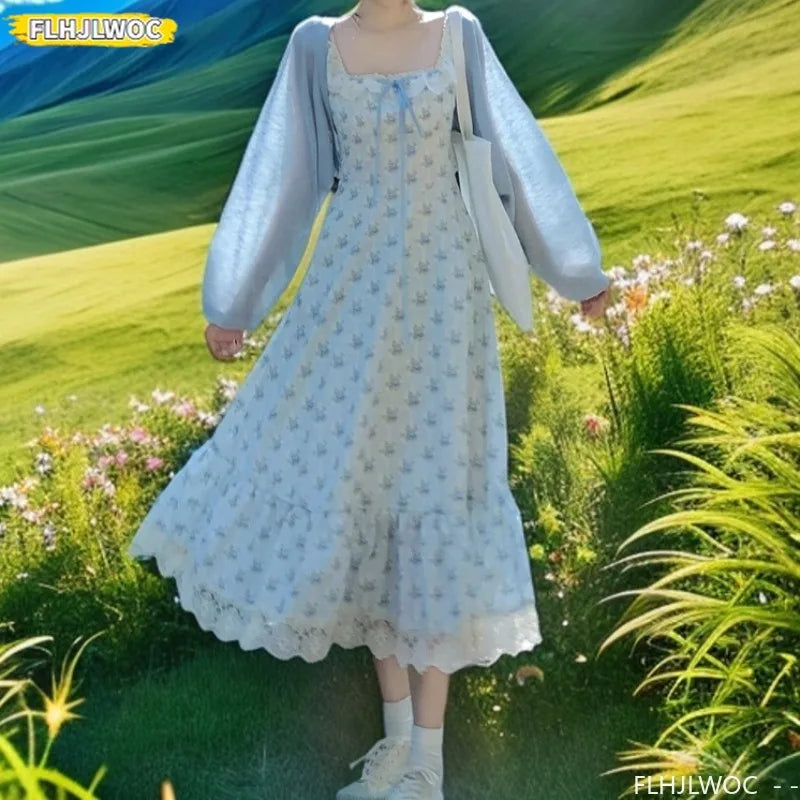 Romantic Ruffles Long Dresses Mori Girls Village Rural Summer Holiday Date Flower Floral Print Outfits Show Cute Sweet Dress