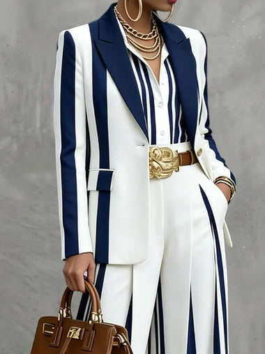Yeezzi Women's Navy White Striped Notched Collar Blazer Long Sleeves Single Button Formal Business Office Suit Jacket Outerwear