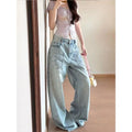Heavy Duty Rhinestone Denim Jeans Women's Street Style Loose Wide Leg Floor Length Blue Long Trousers 2026 Spring Summer New Arr