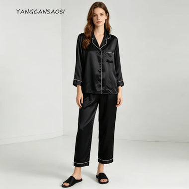 Women's Summer Spring/Summer New Silk Pajamas  Long Sleeve Two Piece Set 100% Mulberry Silk Couple Home Suit Silk Set