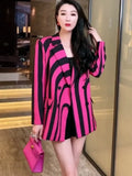 Rose Red Zebra Stripes Loose Blazers for Women Y2K European Designer Jacket Fashion Party Formal Aesthetic Coat Spring Casual