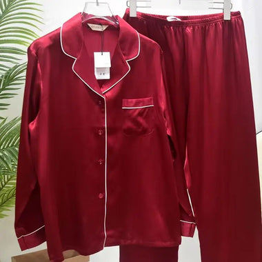 100%  Silk Pajamas Set For Women  two-piece long-sleeved   Suit Pants Shirt Nightwear Summer Spring Soft Sleepwear