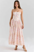 Women's White Floral Print Corset Maxi Dress Spaghetti Strap Pleated A-Line Summer Elegant Long Vacation Gown