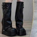 Punk Style Women Knee High Boots Designer Belt Buckle Platform Heel Shoes Autumn Winter Long Booties 2025 New