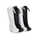 2025 New Arrival Women Knee High Boots No Zip Lace Up Plus Size 48 Leisure Bota Round Toe Block Heels Cosplay Boots