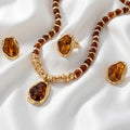 1 Set Vintage Amber Tone Jewelry Set, Irregular Resin Pendant Necklace Earrings Ring, Gold Plated Retro Statement Jewelry