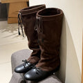 Eilyken Autumn Winter Fashion Butterfly-kont Women Knee-High Boots Vintage Style Cross-strap Round Toe Low Flat Heels Shoes