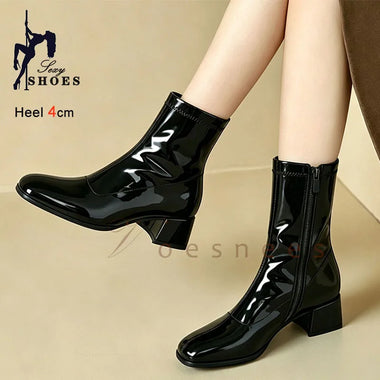 Ankle Boots Boots Woman Hot Sale New Ankle Boots For Woman 4CM Chunk Heel Square Toe Side Zip Casual Short Boots Nightclub Fashion Versatile Lady Shoes