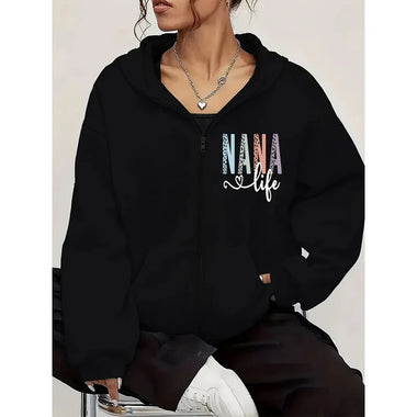 Women'S Comfort Fleece Lined Hoodie with NANA Print - Zip Up Sweatshirt Jacket, Long Sleeve, Front Pocket