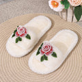 Women Rose Embroidery Plush Open Toe Slippers Soft Furry Flat Non Slip Indoor Bedroom Home House Shoes