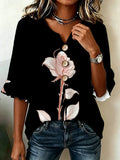 Plus Size Women Blouse Black Rose Floral Print V Neck Decor Buttons 3/4 Flare Sleeve Casual Loose Shirt