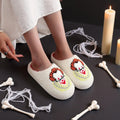 A Pair of White Horror Movie Elements Clown Pattern Embroider Plush Home Thick-Soled Comfortable Furry Slippers Punk Style Personalized Warm Non-Slip Indoor Slippers Halloween Gifts for Men and Women Can Wear Slip-On Shoes