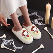 A Pair of White Horror Movie Elements Clown Pattern Embroider Plush Home Thick-Soled Comfortable Furry Slippers Punk Style Personalized Warm Non-Slip Indoor Slippers Halloween Gifts for Men and Women Can Wear Slip-On Shoes