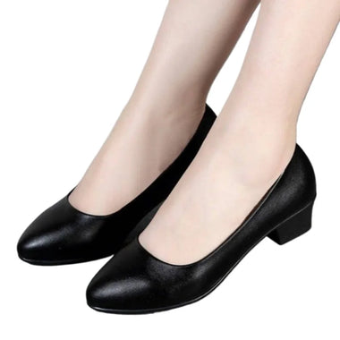 2024 Autumn Woman Cute Sweet Round Toe Black Pu Leather Slip on Square Heel Shoes Lady Plus Size Office Pumps Zapatos De Mujer