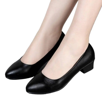 2024 Autumn Woman Cute Sweet Round Toe Black Pu Leather Slip on Square Heel Shoes Lady Plus Size Office Pumps Zapatos De Mujer