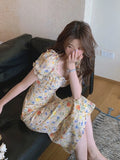 2026 Spring Summer New Sweet Gentle Printed Women's Dress Oil Painting Floral Puff Sleeve Korean Bellflower Chiffon Midi Dresses
