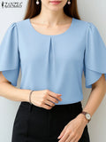 ZANZEA Women Summer OL Work Blouse Elegant Office Shirt Stylish Solid O Neck Tunic Short Petal Sleeve Tops Holiday Blusas Femme