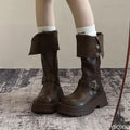 Vintage Square head Low Heels Ladies Shoes Winter Platform Women Thigh High Boots Fashionable versatile Belt Buckle Long Boots