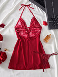 Sexy Lace Bra And Panty Set For Women, Halter Deep V Sheer Mesh Chemise, Bow Lingerie Sleepwear