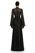 Women High Neck Sheer Floral Lace Maxi Evening Dress Elegant Flare Bell Long Sleeve Formal Gown Wedding Guest Banquet Party