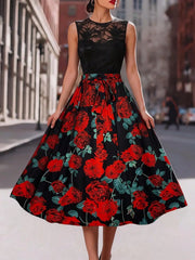Vintage Rose Floral Print Swing Midi Skirt Women High Waist A Line Flared Skirt With Tie Belt Party Long Skirt