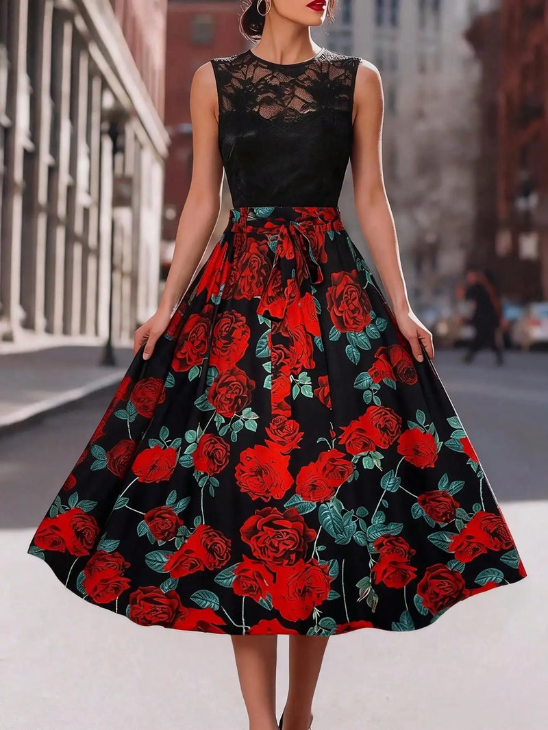 Vintage Rose Floral Print Swing Midi Skirt Women High Waist A Line Flared Skirt With Tie Belt Party Long Skirt